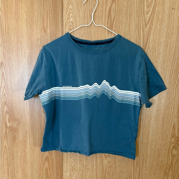 Patagonia Teal Wave Graphic Crew Neck Oversized Cropped Tee Top - Picture 2 of 5